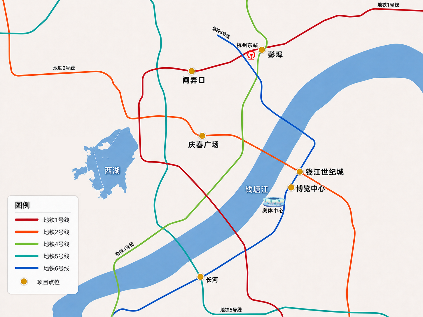 中盈筑业杭州六大项目地铁区位图,覆盖彭埠、闸弄口、庆春广场、长河、博览中心和钱江世纪城